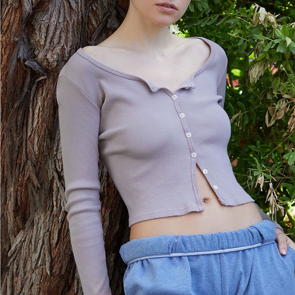 Brandy Melville Lavender Ribbed Button-Up Top